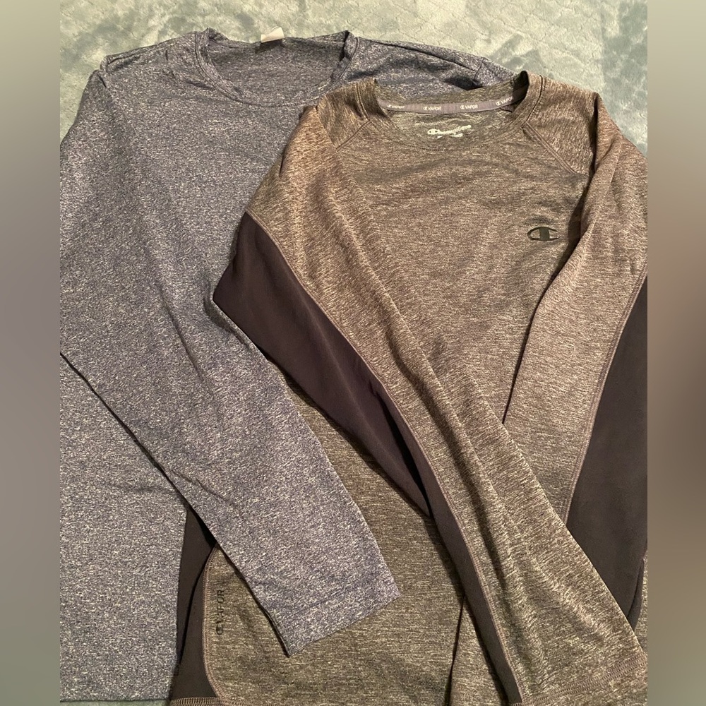 Bundle of two long sleeve workout shirts, grey/black and heather blue.